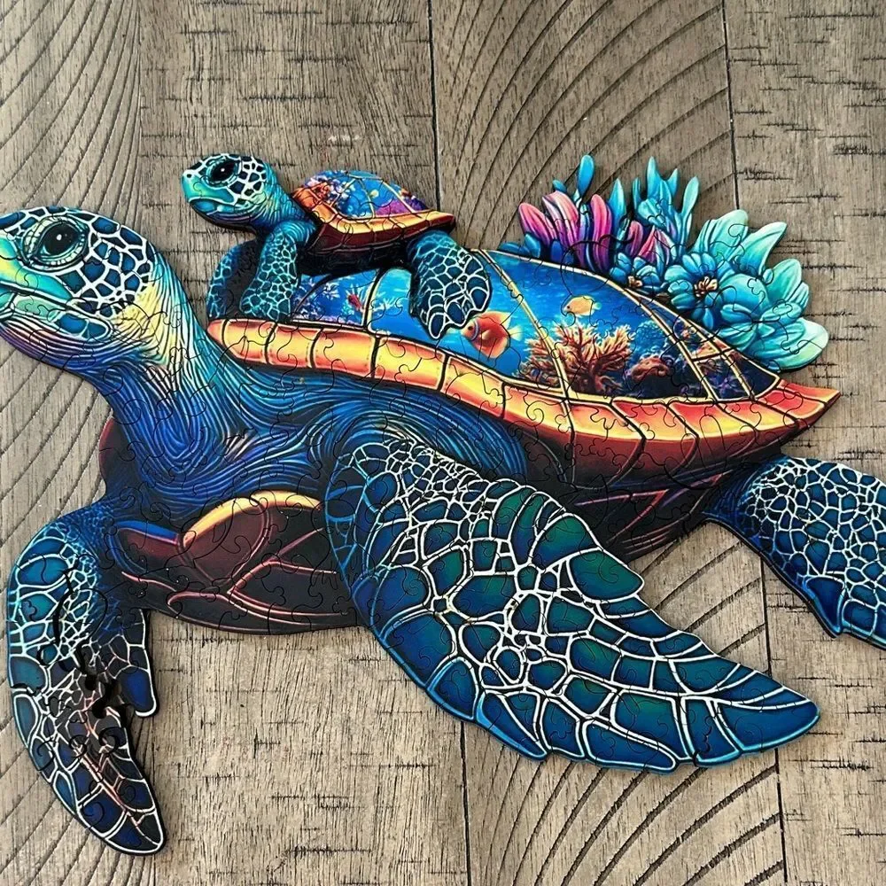 Colorful Sea Turtle Art 🖼️ Puzzle 🧩 wood box & burlap bag